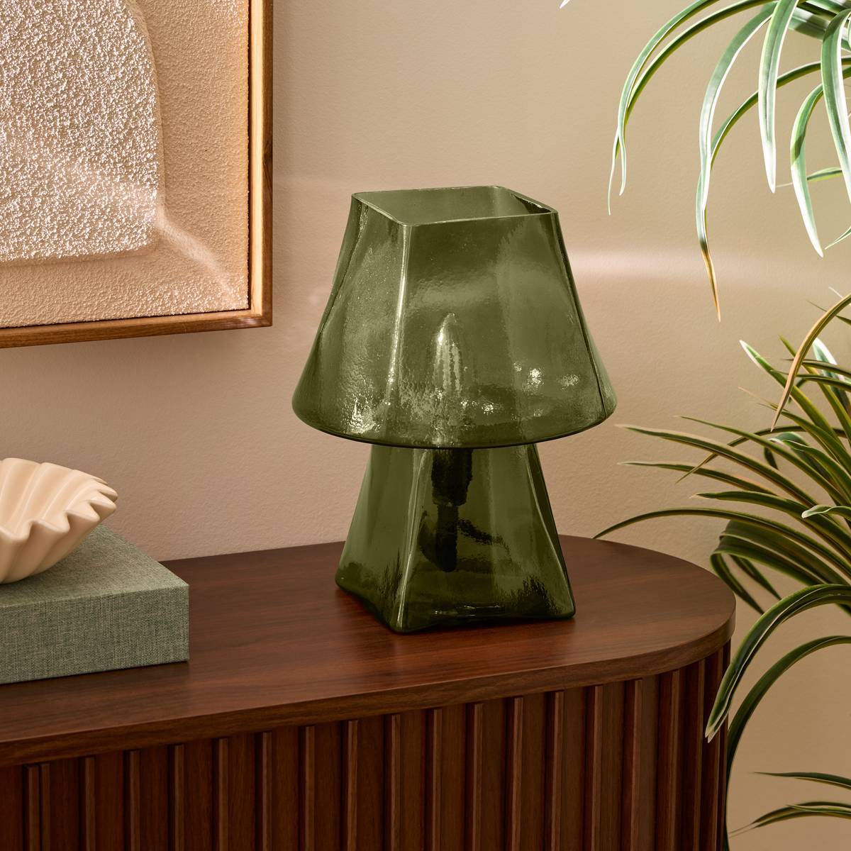 Lampe champignon Elita H.26cm en verre vert