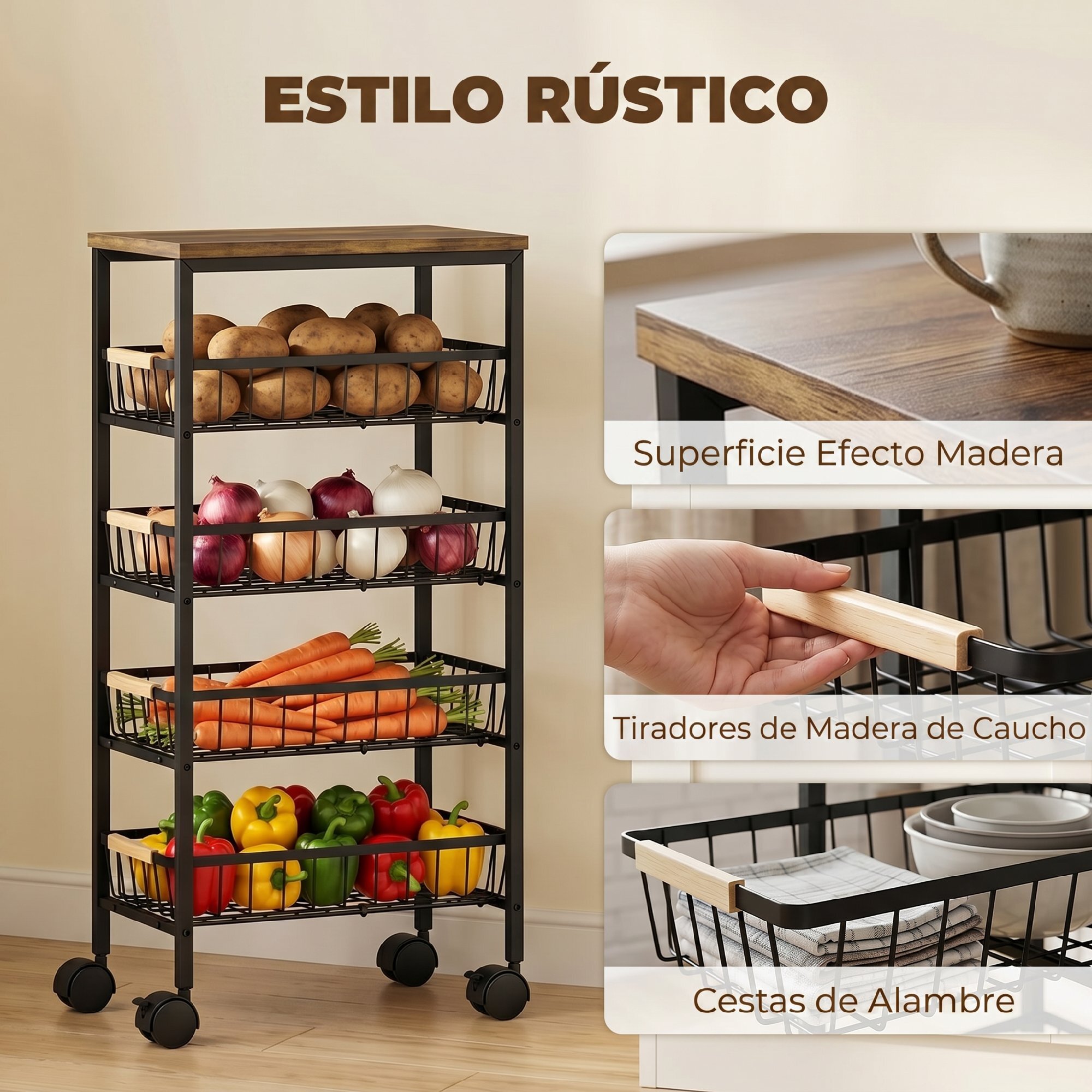 Carrito Auxiliar con Ruedas, Carrito de Cocina con 4 Cestas Extraíbles, Carga 15 kg, Marco Metálico, Tiradores de Madera, para Comedor, Sala de Estar, Baño, 40x24x81,5 cm, Marrón Rústico