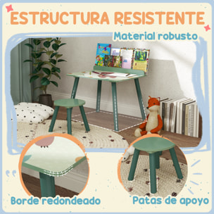 Mesa y Silla Infantiles de 2 Piezas Mesa Infantil con Silla y Estante para Libros Escritorio para Niños de +3 Años para Sala de Juegos Verde