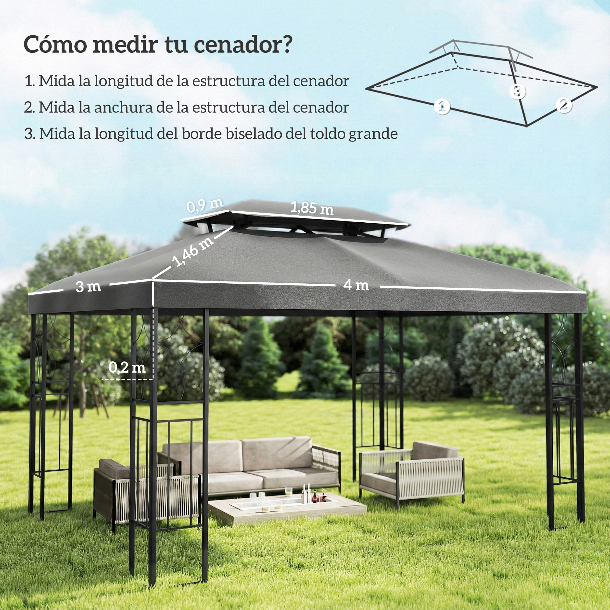 Techo de Repuesto para Cenador, 4x3 m, Cubierta de Repuesto con Techo Doble, 10 Orificios de Drenaje y Protección UV, SOLO Toldo de Recambio para Pabellón Gazebo, Gris