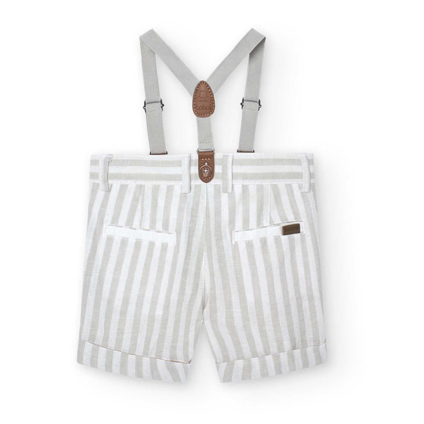 Bermudas, tirantes niÃ±o, lino estampado de rayas, piedra