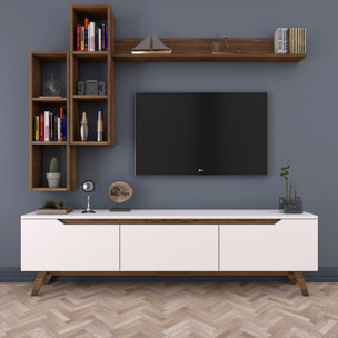 Mobile porta TV Dleonard, Credenza da soggiorno, Armadio basso per TV, Base parete attrezzata, 180x35h49 cm, Bianco e Noce