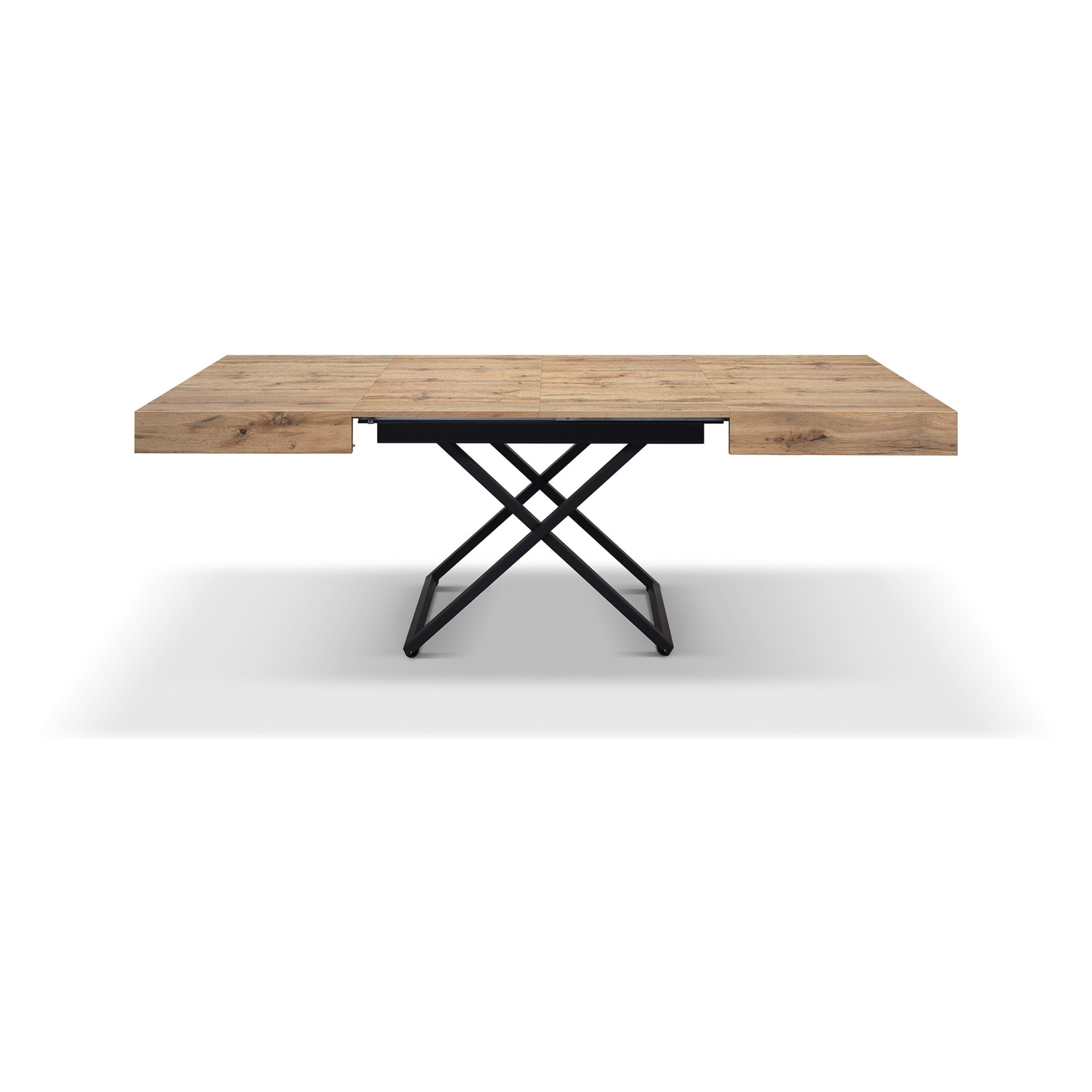 Tavolino CAMOGLI in legno, finitura rovere rustico e metallo verniciato nero trasformabile in tavolo da pranzo 120x80 cm - 220x80 cm altezza da 30 a 77 cm