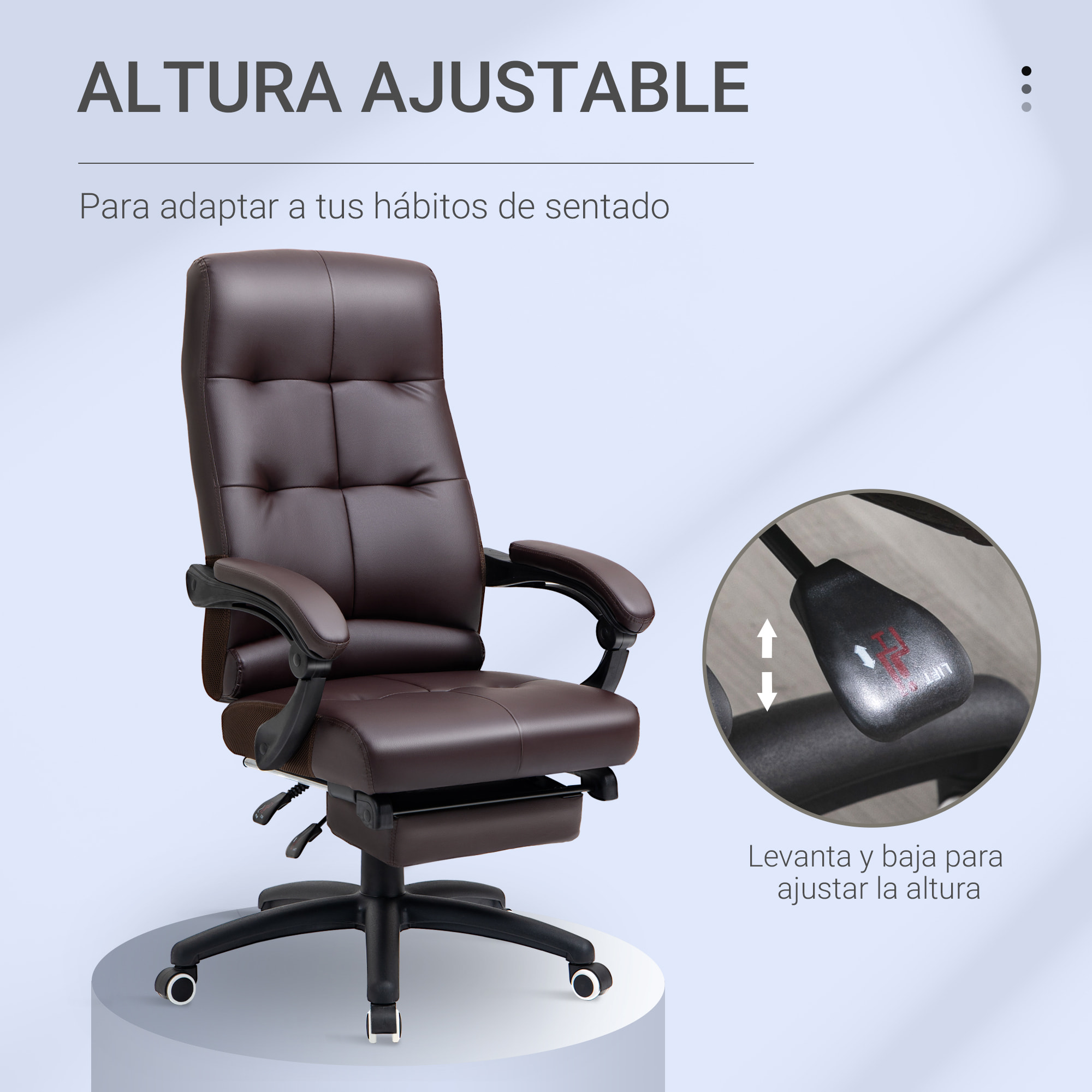 Vinsetto Silla de Oficina Ergonómica Silla de Escritorio Giratoria con Altura Ajustable Función de Inclinación Reposabrazos y Reposapiés Piel Sintética 65x65x118-125 cm Marrón