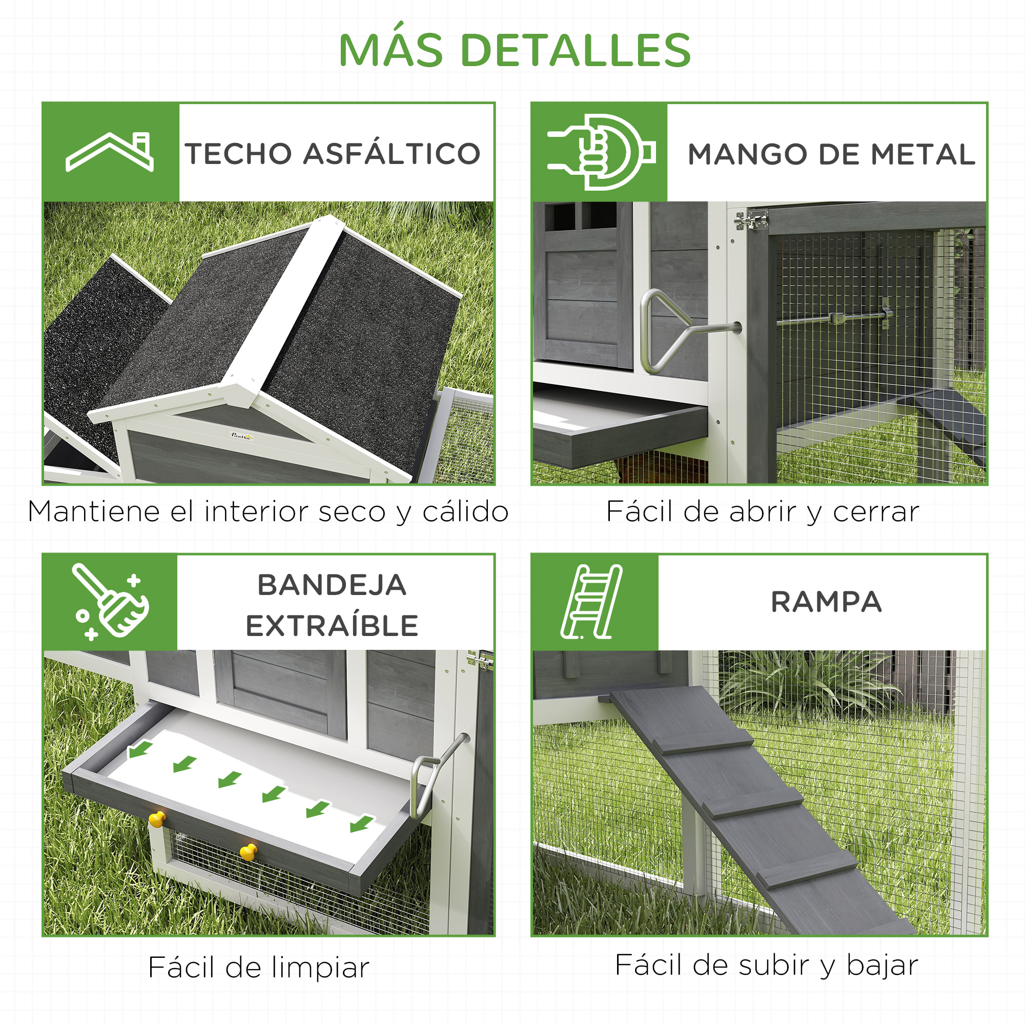Gallinero para Exterior Gallinero de Madera Jaula Grande para 3-6 Gallinas con Ponedero Techo Asfáltico Bandeja Extraíble y Rampa 297,5x68x118 cm Gris y Blanco