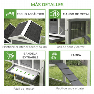 Gallinero para Exterior Gallinero de Madera Jaula Grande para 3-6 Gallinas con Ponedero Techo Asfáltico Bandeja Extraíble y Rampa 297,5x68x118 cm Gris y Blanco