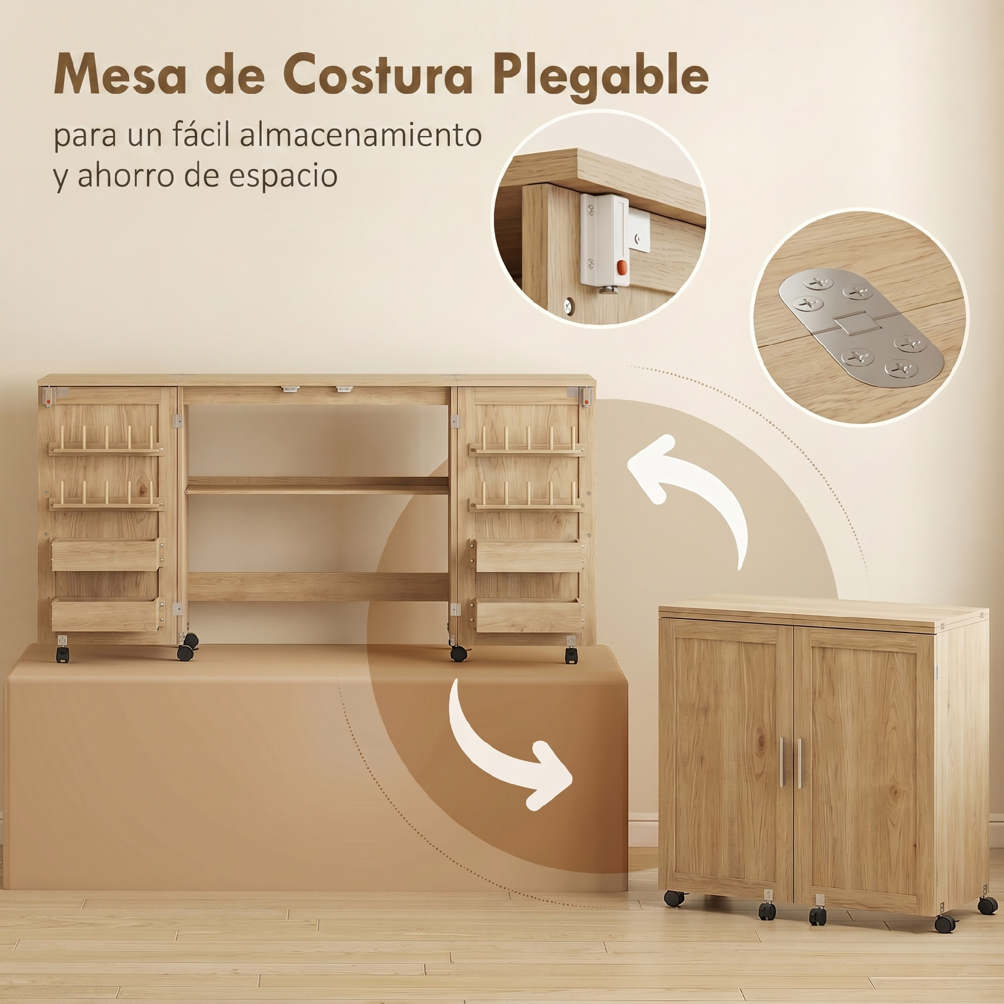 Mesa de Costura Plegable con 6 Ruedas, Mueble para Máquina de Coser con 20 Clavijas para Hilos, 4 Compartimentos, Estante, Armario de Costura para Estudio, Salón, Dormitorio, Roble