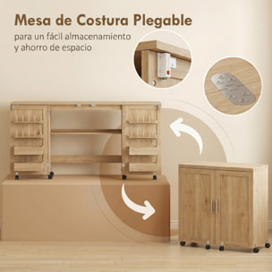 Mesa de Costura Plegable con 6 Ruedas, Mueble para Máquina de Coser con 20 Clavijas para Hilos, 4 Compartimentos, Estante, Armario de Costura para Estudio, Salón, Dormitorio, Roble