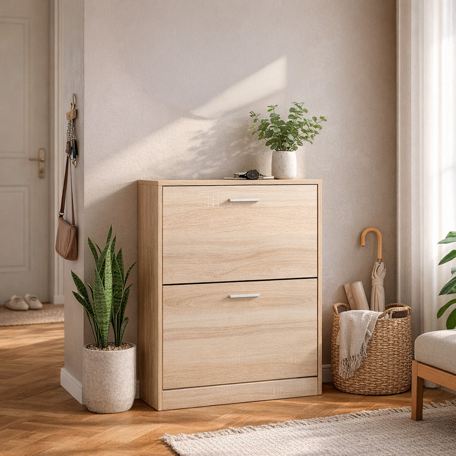 Scarpiera A 2 Ribalte Salvaspazio Con Doppia Profondità Mobile Portascarpe Per Ingresso Corridoio Contiene 12 Paia Di Scarpe 76 x 50 x 22 Cm Rovere