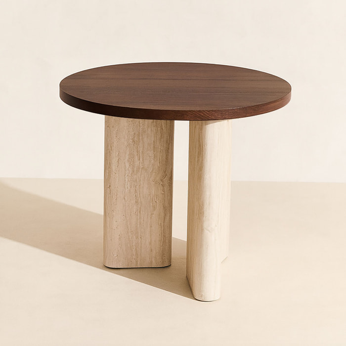 Table d'appoint ronde avec plateau foncé et pied effet travertin 40cm AMBER