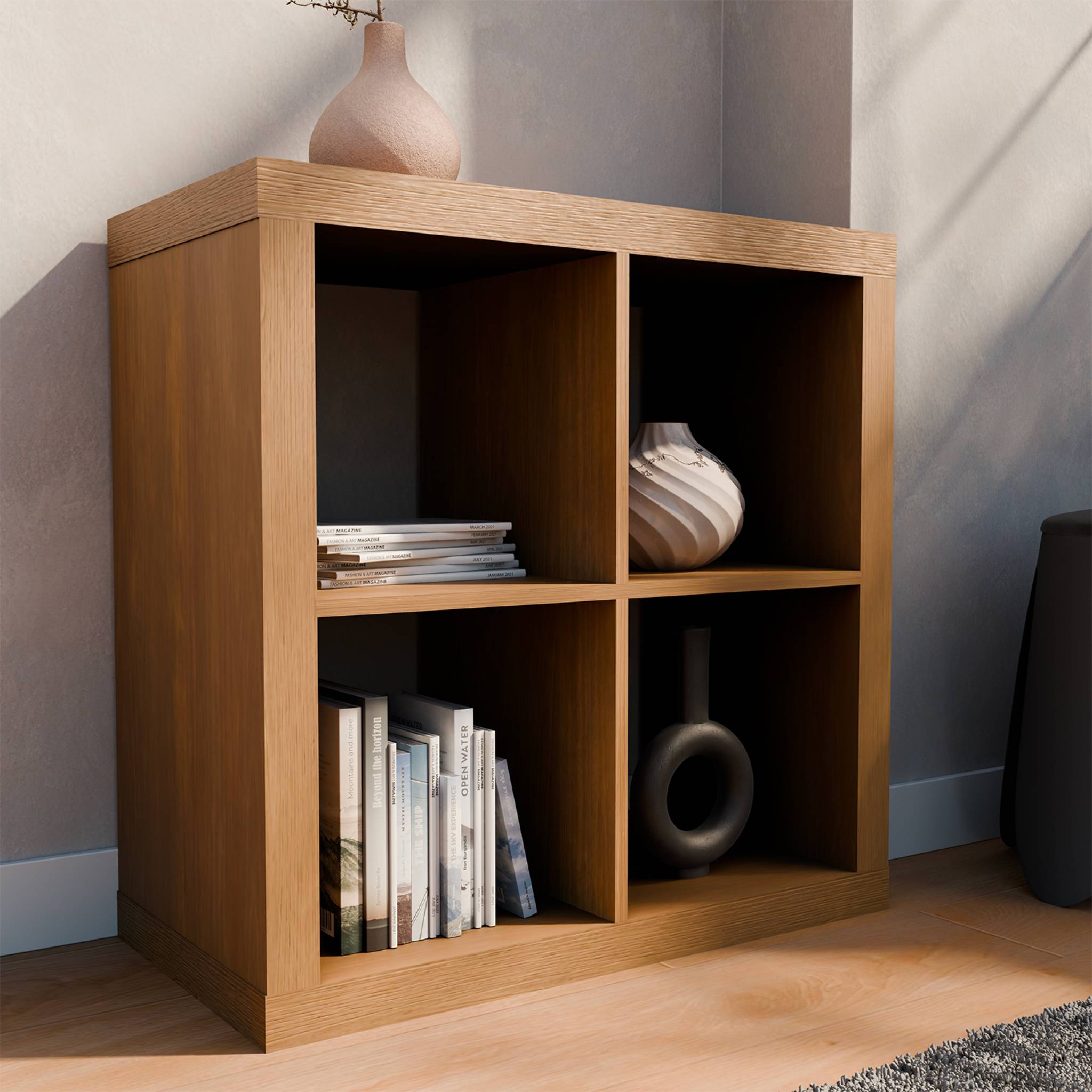 Etagère bibliothèque cubique 2 niveaux 4 compartiments. casiers. effet bois de manguier. L 76 x P 39 x H 76cm