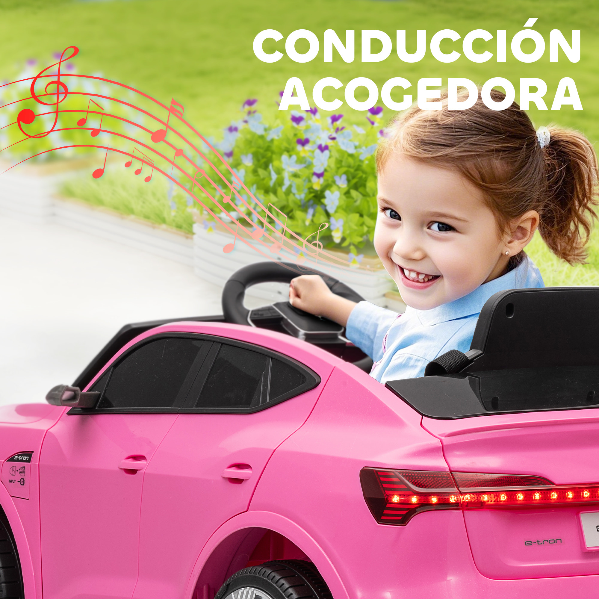 Coche Eléctrico para Niños de +3 Años Audi E-tron, Coche de Batería 12V con Mando a Distancia, Faros LED, Bocina, Música, USB, Apertura de Puerta y Velocidad 3-5 km/h, Rosa