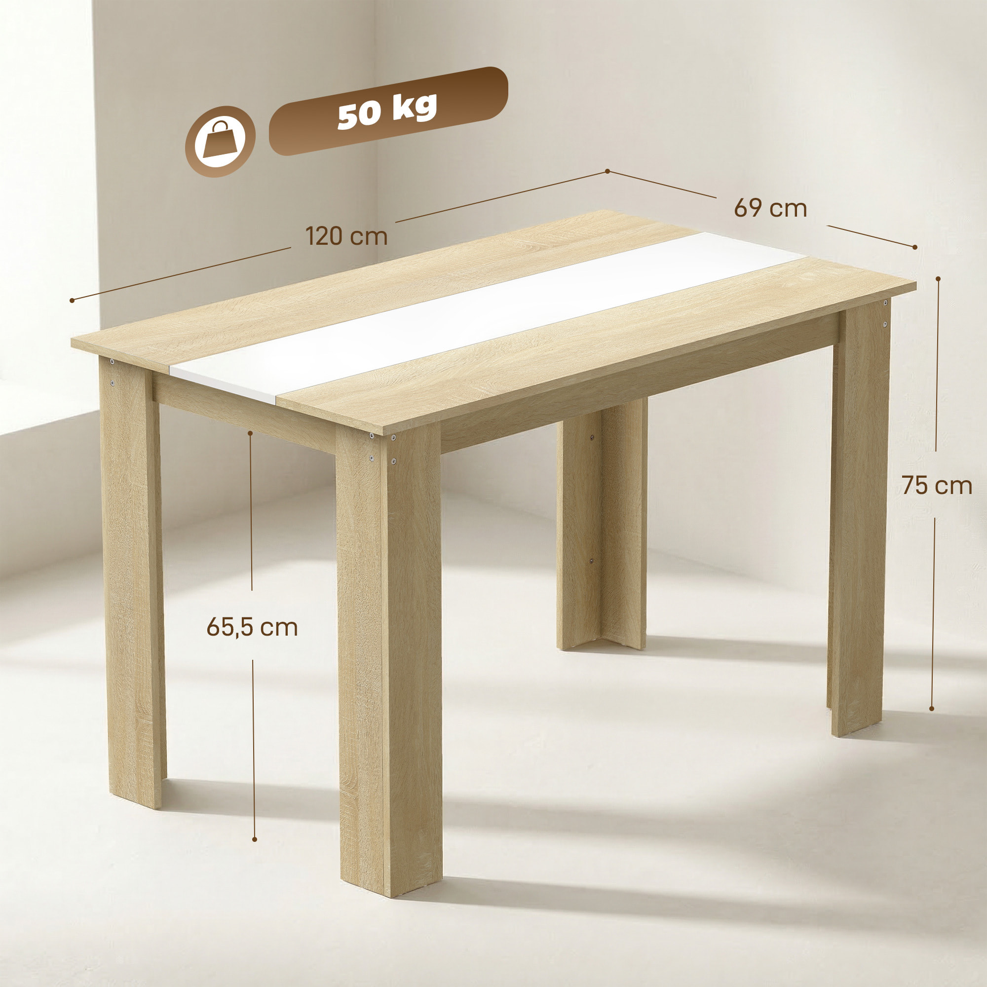 Table à manger grand plateau 4-6 personnes - dim. 120L x 69l x 75H cm - aspect bois chêne clair blanc