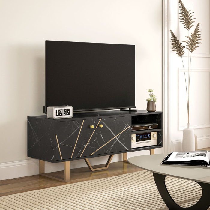 Meuble TV banc TV design - dim. 110L x 35l x 45H cm - métal doré aspect marbre noir