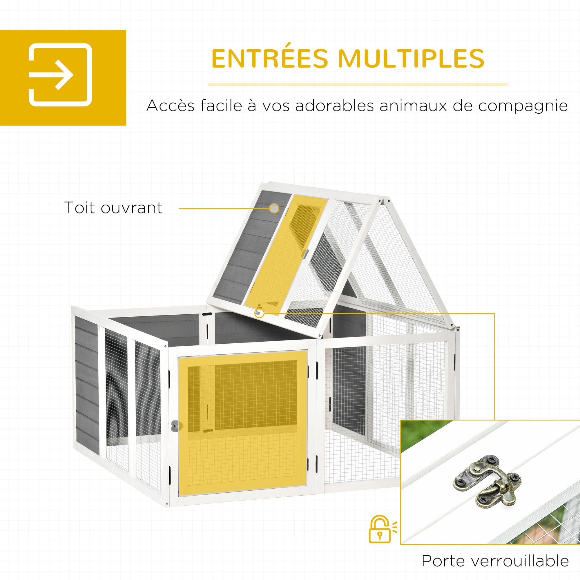 Clapier de sol enclos extérieur 2 portes verrouillables toit pliant ouvrant fil métallique bois sapin pré-huilé peint gris blanc