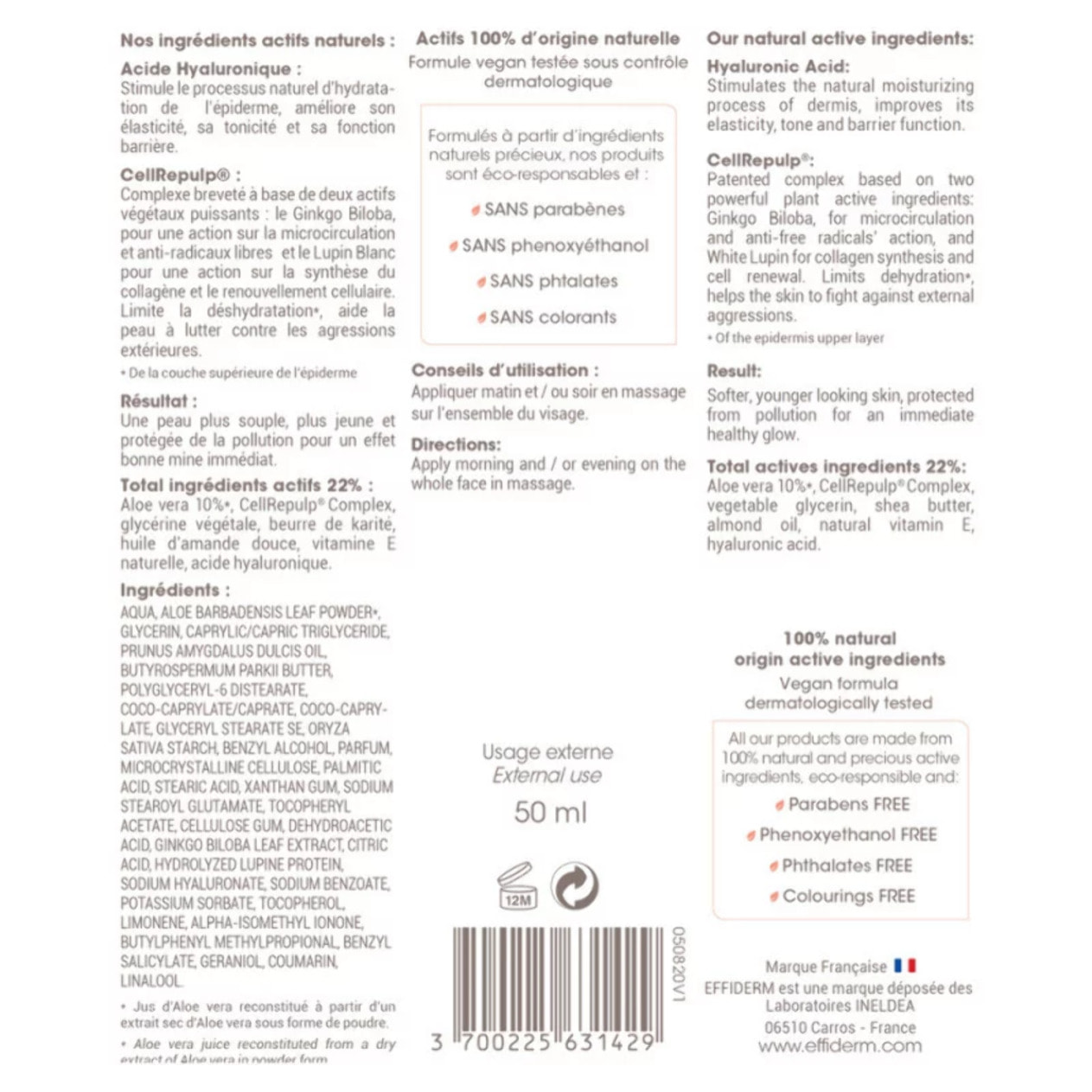 EFFIDERM - Crème Fluide Hydratante Matifiante - Crème Hydratante Visage - Effet Matifiant - Tous Types de Peaux - 50ml