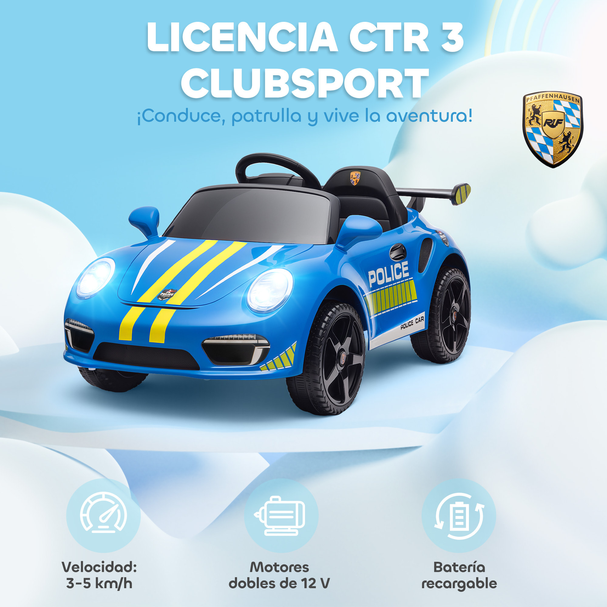 Coche Eléctrico para Niños con Licencia RUF CTR 3 Clubsport, Coche de Batería 12V con Mando a Distancia 2,4 G, Motor Doble, Música Inalámbrica, Sirena, Bocina, Ruedas Auxiliares y Faros, Azul