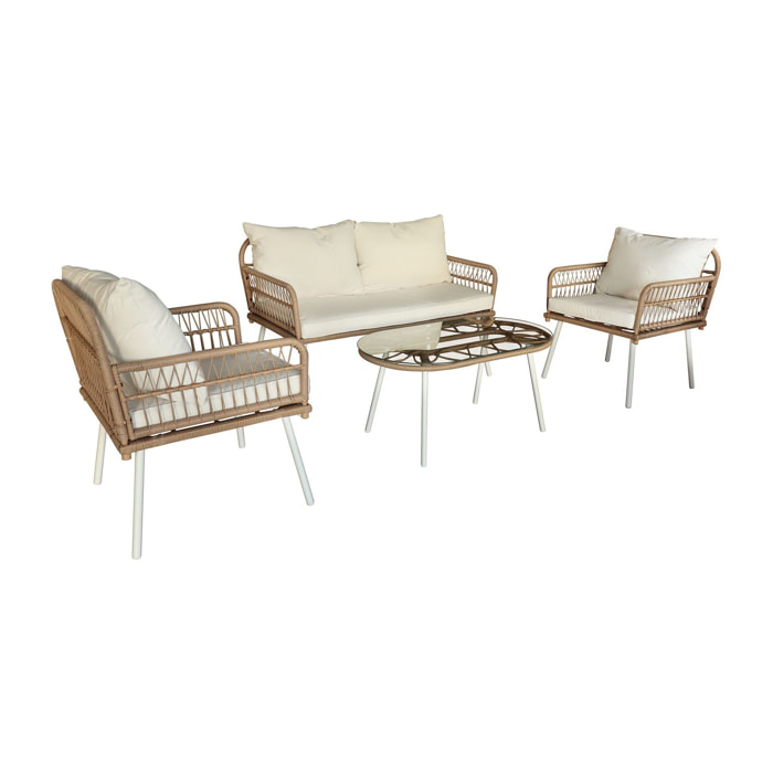 Salon de jardin 4 places rotin synthétique blanc et marron TREVI
