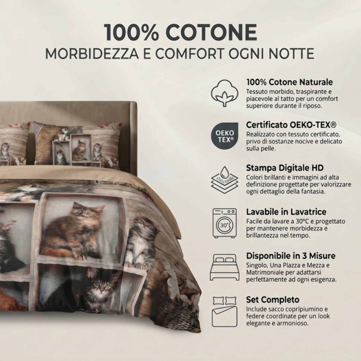 Parure Copripiumino in 100% Cotone con Federe Coordinate, Morbida e Traspirante, Certificata OEKO-TEX, Fantasie Moderne per Camera da Letto