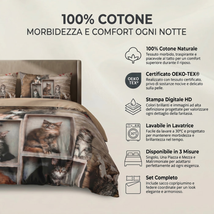 Parure Copripiumino in 100% Cotone con Federe Coordinate, Morbida e Traspirante, Certificata OEKO-TEX, Fantasie Moderne per Camera da Letto