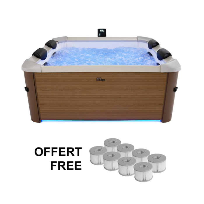 Spa rigide 6 places hydromassages. 4 coussins + 8 filtres. OSLO AMBER. beige. L 160 x P 160 x H 65 cm