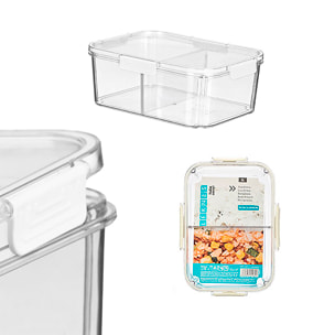Fiambrera hermética transparente con lámina divisoria removible. 2000ml de capacidad.