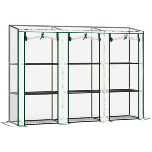 Serre de jardin balcon avec étagères métalliques 3 niveaux 3 portes acier noir PVC transparent