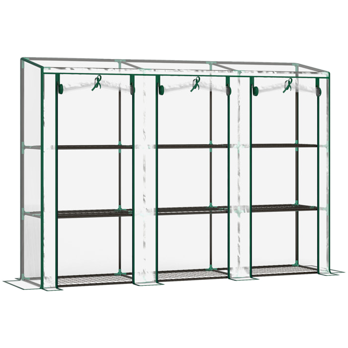 Serre de jardin balcon avec étagères métalliques 3 niveaux 3 portes acier noir PVC transparent