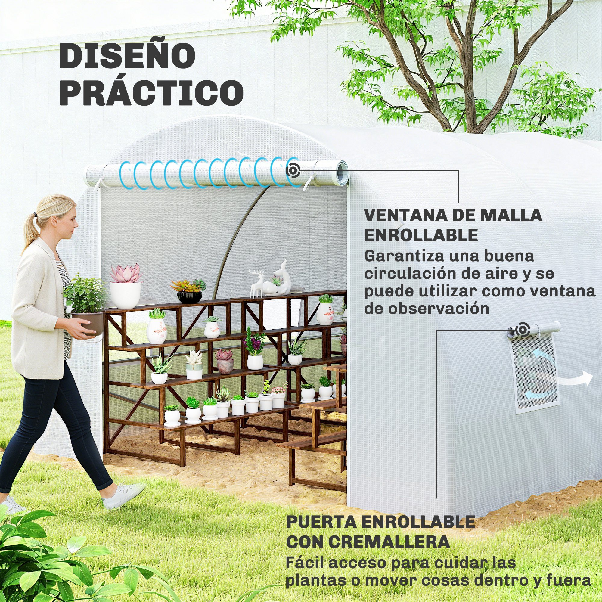 Invernadero de Táºnel 6x3x2 m Invernadero de Terraza con 8 Ventanas Puerta con Cremallera Cubierta de Polietileno 140 g/m² y Estructura de Acero para Cultivo Plantas Verduras en Jardín Blanco