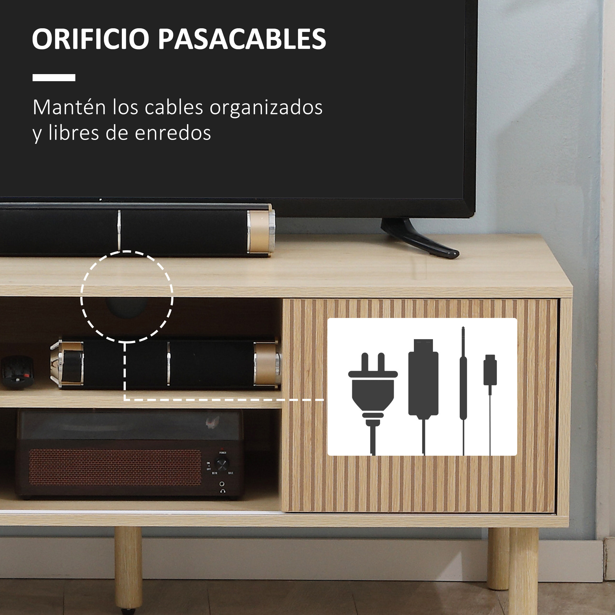 Mueble de TV, Mesa de TV 115 cm, Mueble para Televisión hasta 50 Pulgadas, con Puertas Correderas, Estantes Abiertos, Orificios para Cables, para Salón, Comedor, Dormitorio, Natural