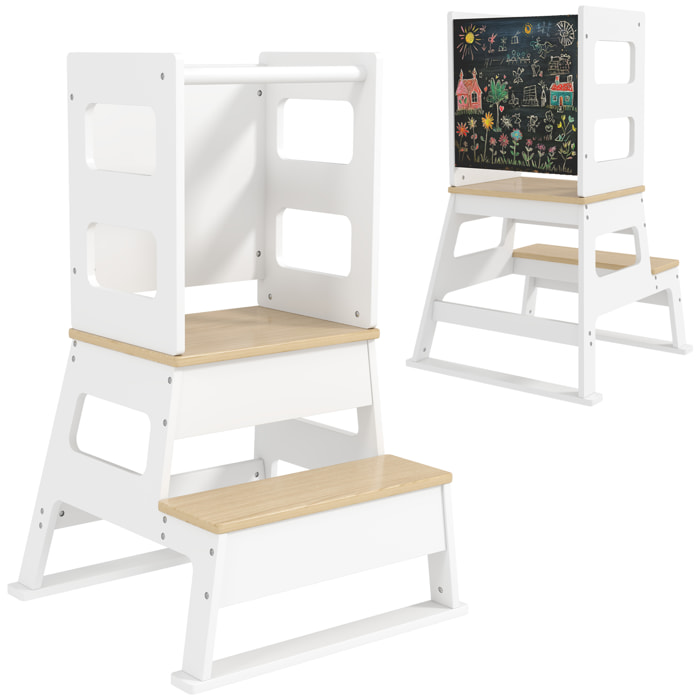 Torre de Aprendizaje 2 en 1 Taburete de Aprendizaje para Niños de +3 Años con Pizarra y Barrera de Seguridad para Baño Cocina 55x52,5x87,5 cm Blanco