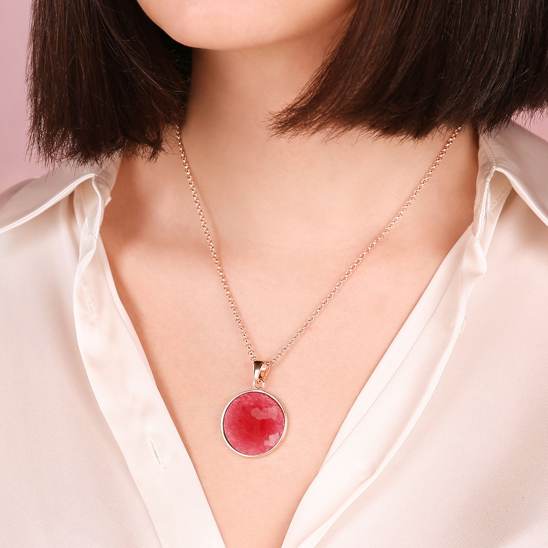 Collana con Pendente in Pietra Naturale Sfaccettata Quarzo Rosso