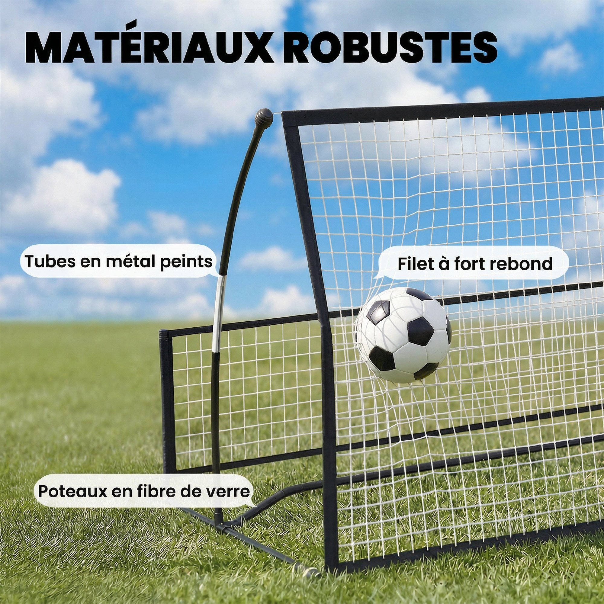 Filet de rebond football double face avec sac métal noir