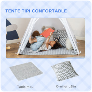 Tente teepee indien enfant style graphique - dim. 1,2L x 1,2I x 1,55H m - porte refermable, fenêtre, tapis, coussin, sac transport inclus - structure bois, toile polyester coton gris blanc