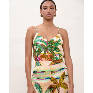 Top in pizzo con stampa di palme multicolore