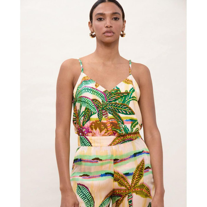 Top in pizzo con stampa di palme multicolore