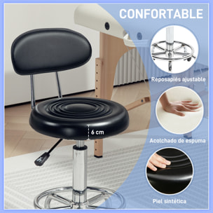 Taburete Giratorio Taburete con Ruedas y Respaldo Taburete de Trabajo con Altura Regulable 70-86 cm Asiento Tapizado de Cuero Sintético Negro