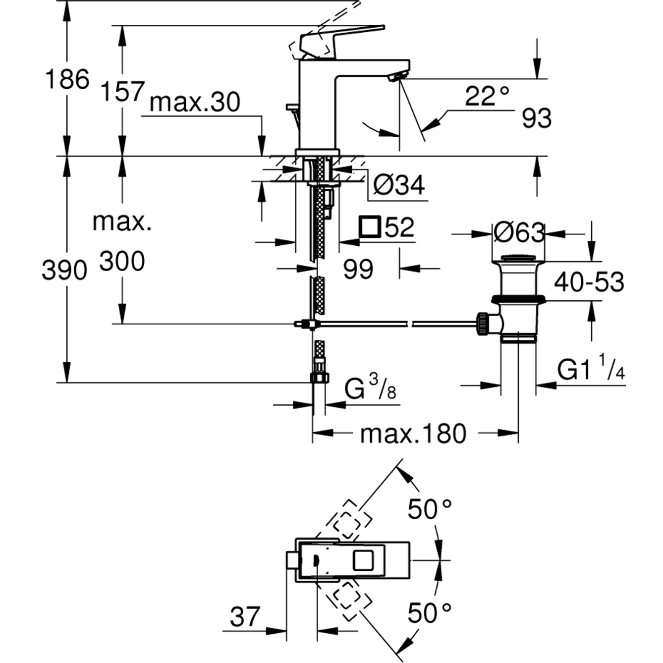 Mitigeur monocommande lavabo Eurocube, Taille S