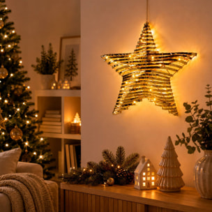 Estrella navideña led dorada para colgar con 30 microled blanco cálido, con temporizador 40x9x40 cm