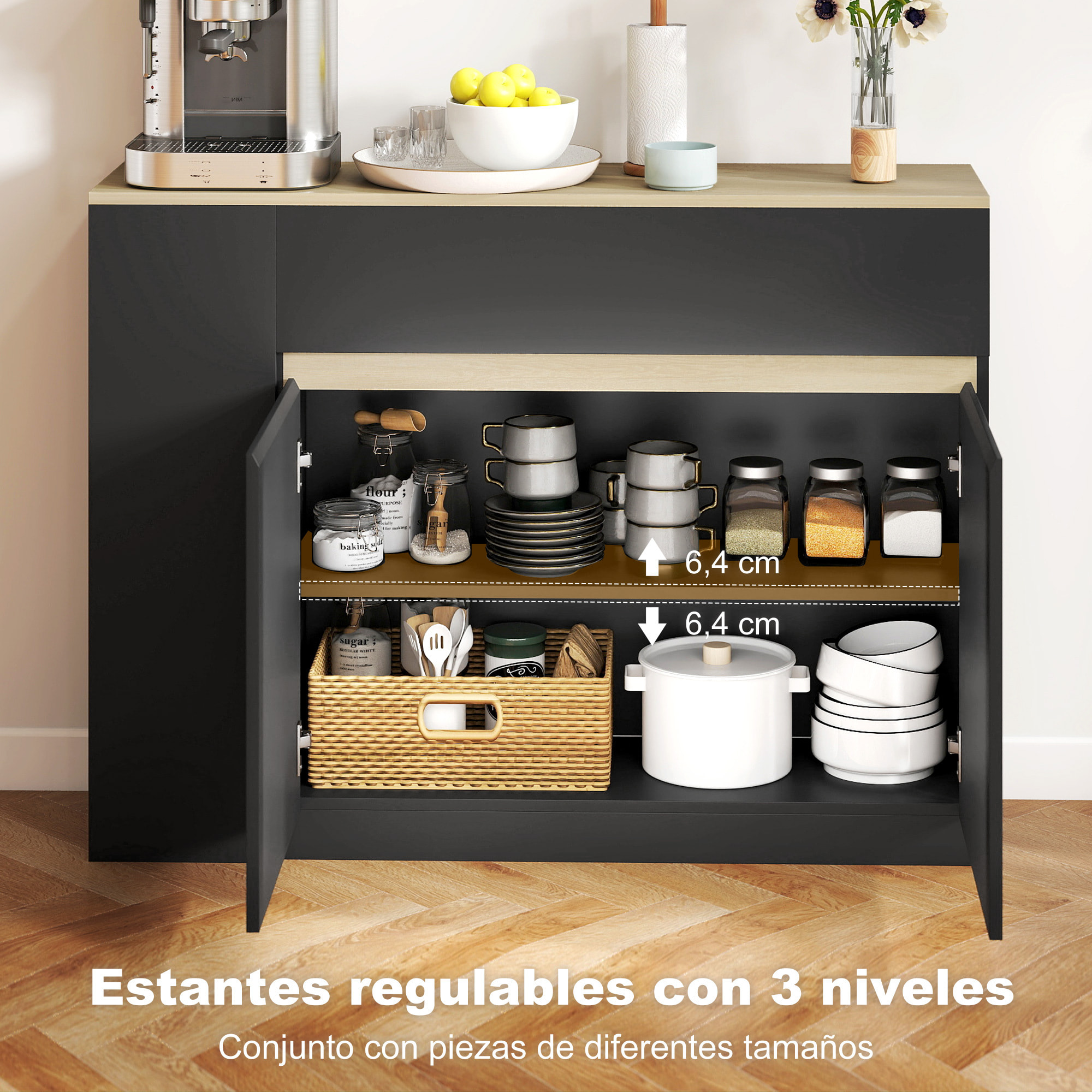 Aparador de Cocina, Armario de Cocina Estrech con 2 Cajones, 3 Estantes Abiertos, 2 Puertas, Estante Ajustable, Aparador Nórdico para Comedor, 110x29,5x82 cm, Negro