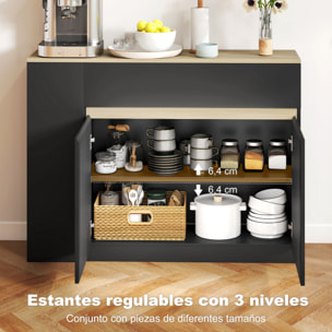 Aparador de Cocina, Armario de Cocina Estrech con 2 Cajones, 3 Estantes Abiertos, 2 Puertas, Estante Ajustable, Aparador Nórdico para Comedor, 110x29,5x82 cm, Negro