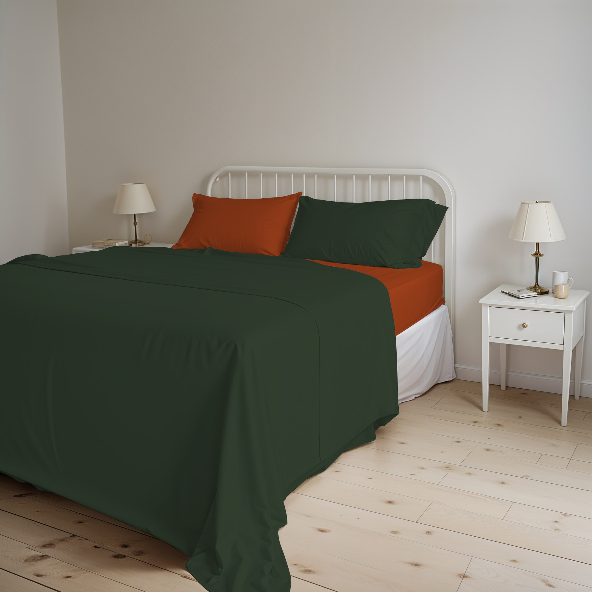COMPLETO LETTO NATURAL COLOR, 100% Cotone, Made in Italy - VERDE OLIVA/TERRA