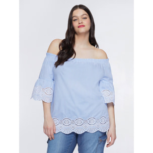 Fiorella Rubino - Blusa off shoulders con bordi in pizzo - Azzurro