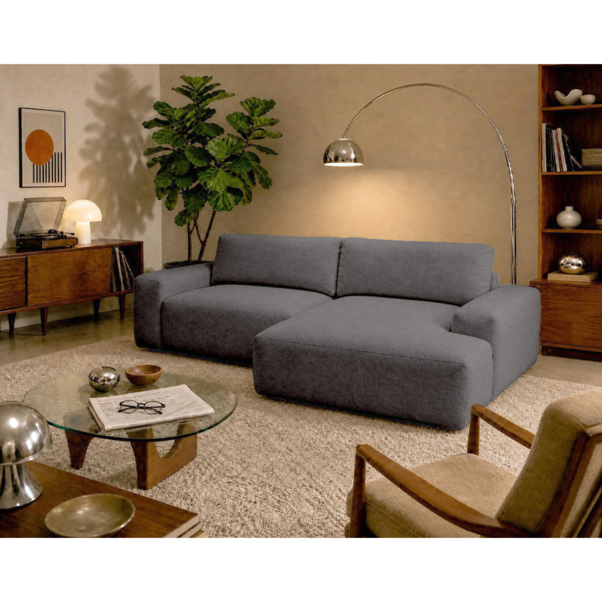 Tama - Canapé d'angle droit 4 places convertible avec coffre en tissu - Gris