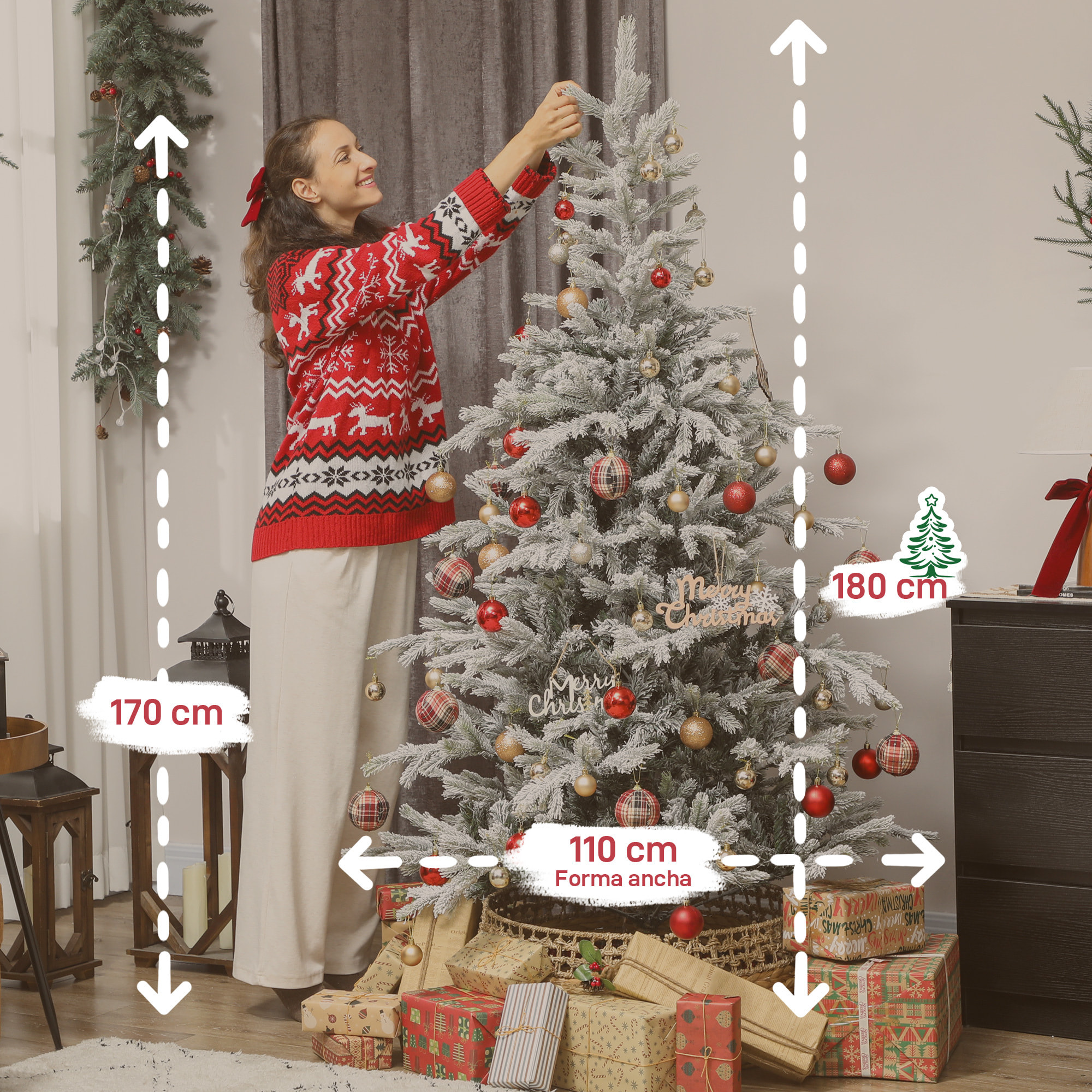 Árbol de Navidad Artificial 180 cm, Árbol de Navidad Nevado, Abeto Artificial con 1207 Ramas Articuladas, Base Plegable, Fácil de Montar, Decoración para Hogar, Oficina, Fiestas