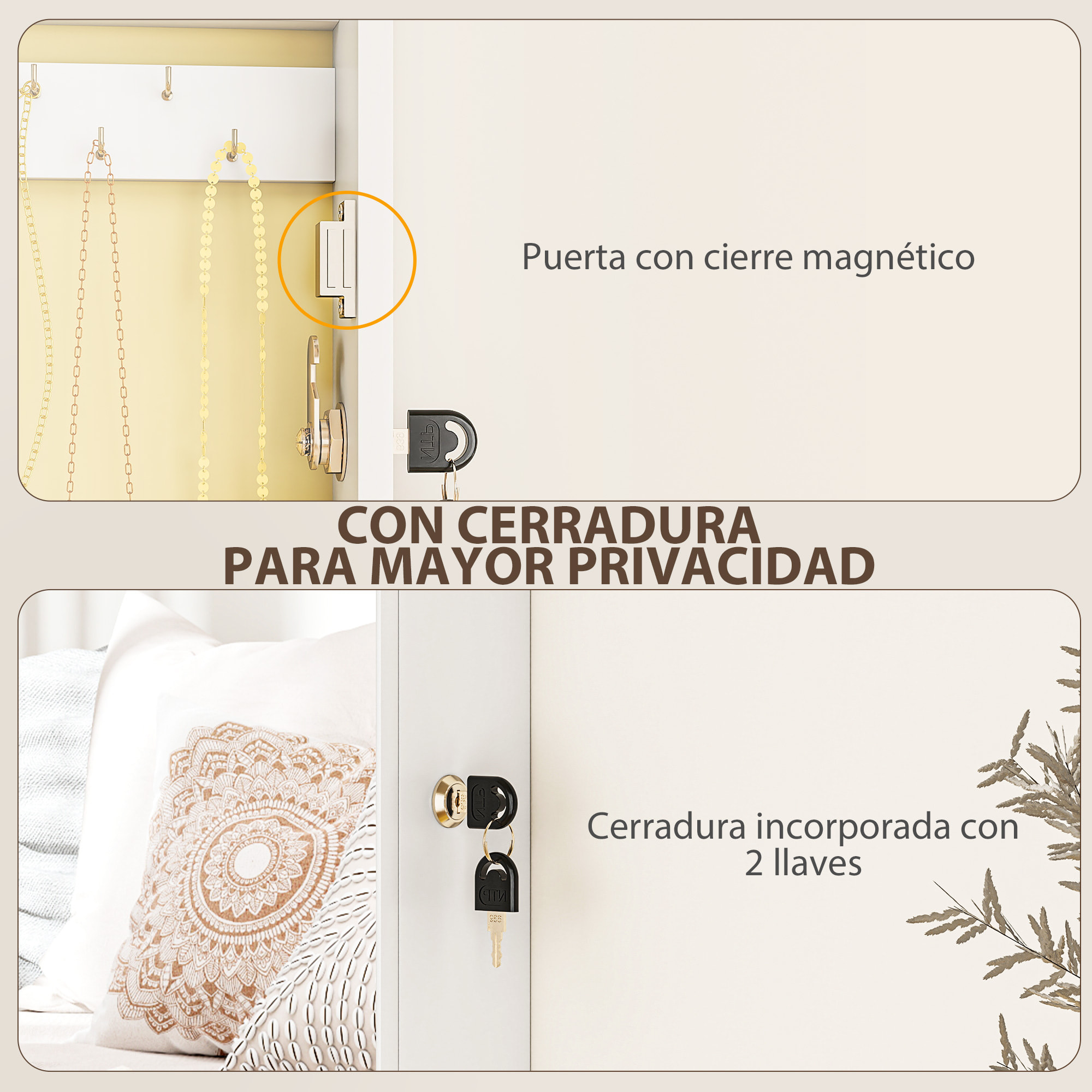 Espejo Joyero de Pared Armario para Joyas con Cerradura y Varios Compartimentos Montar en Pared o Puerta para Pendiente Collar Anillo Pulsera Blanco y Forro Crema