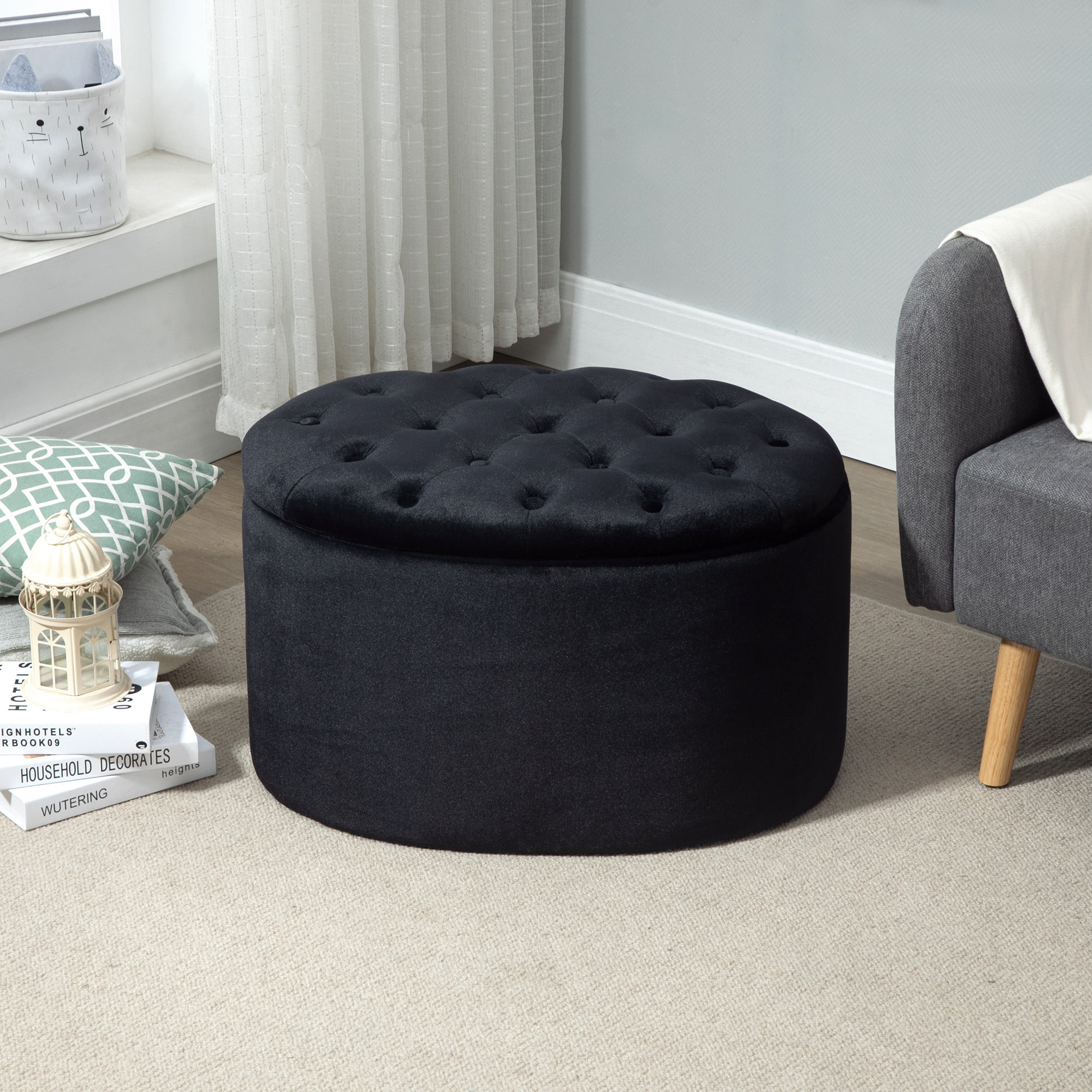Pouf ovale style Chesterfield plateau assise capitonné rembourré dim. 71 x 52 x 42 cm velours noir