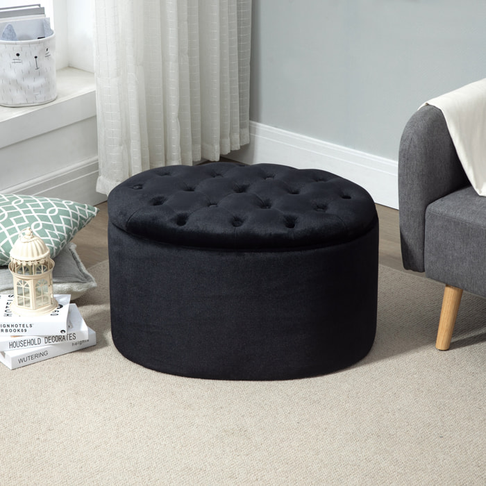 Pouf ovale style Chesterfield plateau assise capitonné rembourré dim. 71 x 52 x 42 cm velours noir