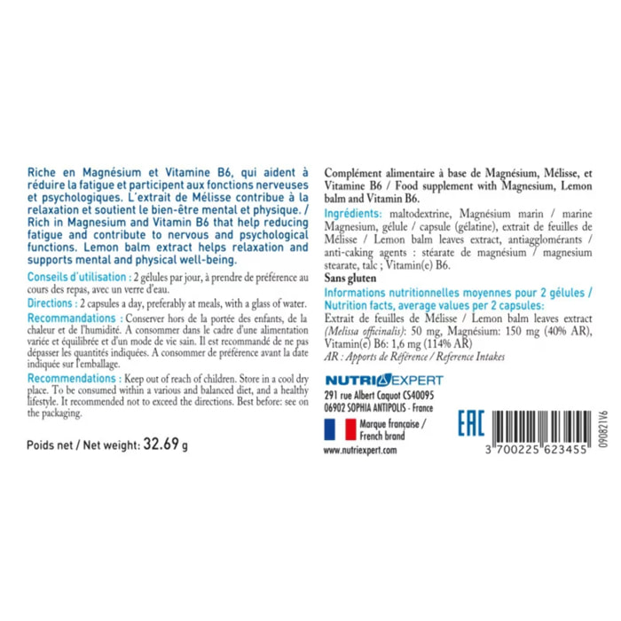 NUTRIEXPERT - Magnésium Marin B6+ - Complément Alimentaire à Base de Magnésium + Vitamine B6 + Mélisse - Favorise l'Équilibre du Système Nerveux et le Bien-Être - Réduit la Fatigue - Lot de 3 produits