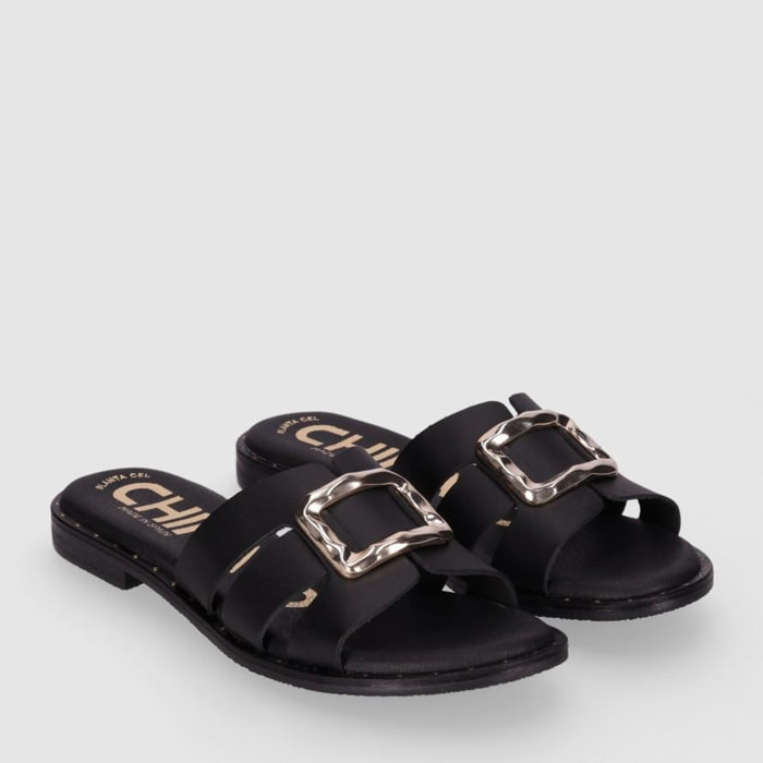 Sandalias de Piel - Negro - Tacón: 1 cm